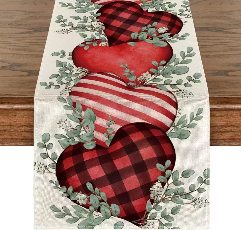 Bulk 1pc Eucalyptus Hearts Valentine's Day Table Runner Holiday Kitchen Dining Table Decoration for Home Party Indoor Outdoor Wholesale