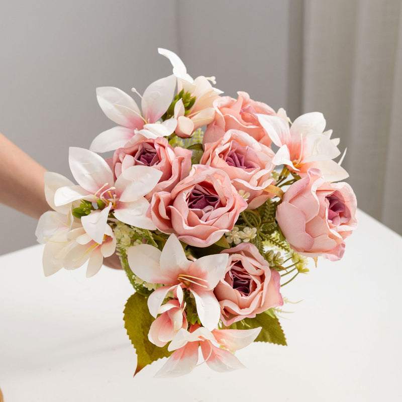13" Realistic Silk Rose & Lily Bouquet, Perfect for Weddings, Home Decor, and Events