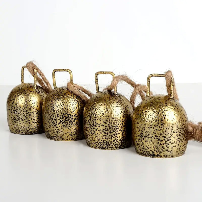 Vintage Gold Metal Christmas Bell Garland, 4 Jingle Bells on Twine, 15" Long, Hanging Holiday Ornament