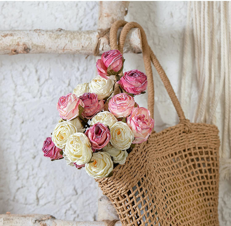 12 Inch Vintage Burnt Edge Rose Bouquet 12 Stems Artificial Flowers Bulk