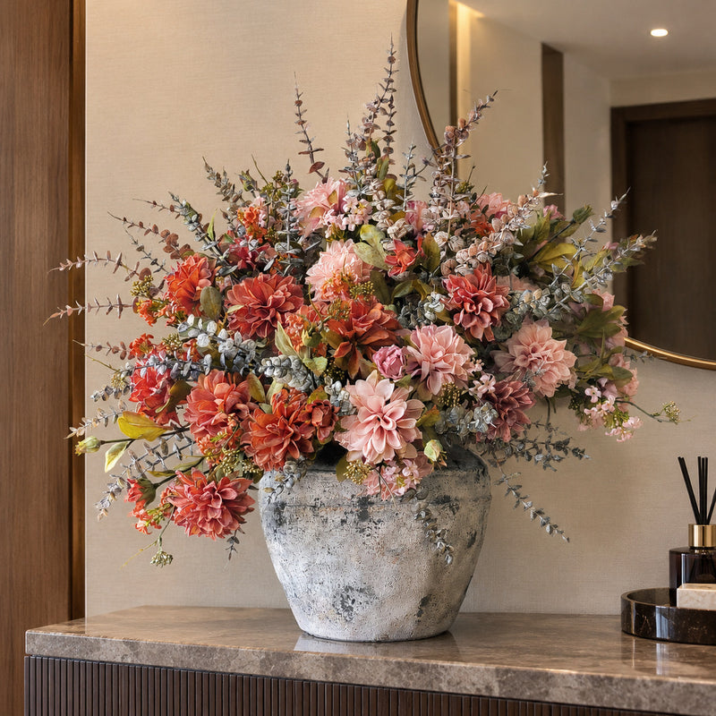 Artificial Dahlia Bouquet, 3-Bloom Faux Silk Flowers, Autumn Burnt-Edge Petals, Home & Event Decor