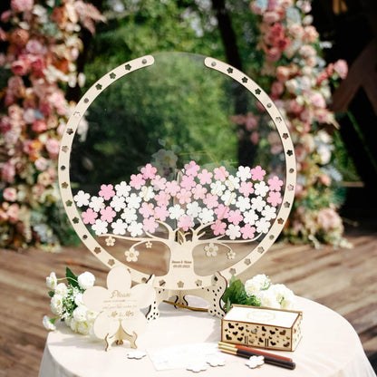 Cherry Blossom Tree Wooden Wedding Guest Book Sign - 12x12 Inches Wedding Sign-In Table Ornament | Wooden Craft for Wedding Decor