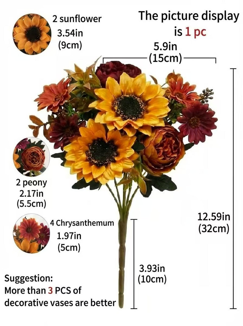 13" Sunflower Bush with 6 Blooms, Realistic Plastic Artificial Flowers for Home Decor, Weddings & Events