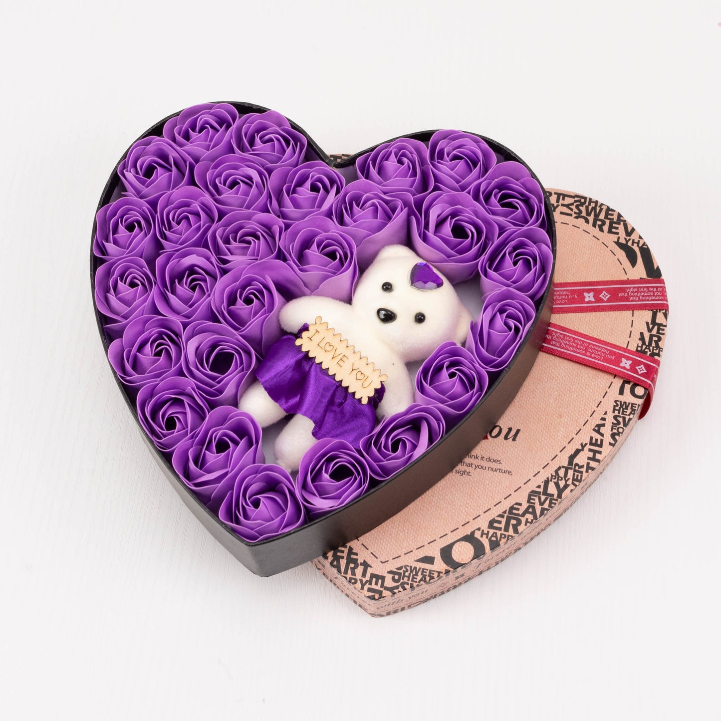 Heart Shaped Soap Rose Gift Box - 24 Soap Roses + Teddy Bear | Birthday & Valentine's Day Gift