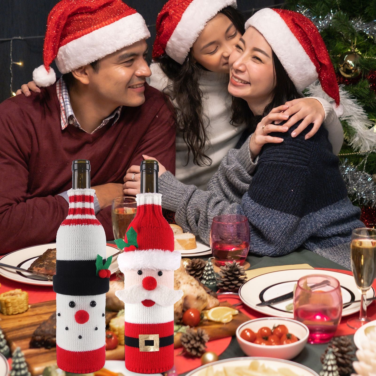 Christmas Knitted Wine Bottle Covers (Santa & Snowman) - 3.9-4.3" x 10.6-11.4" for Champagne/Holiday Party Decor