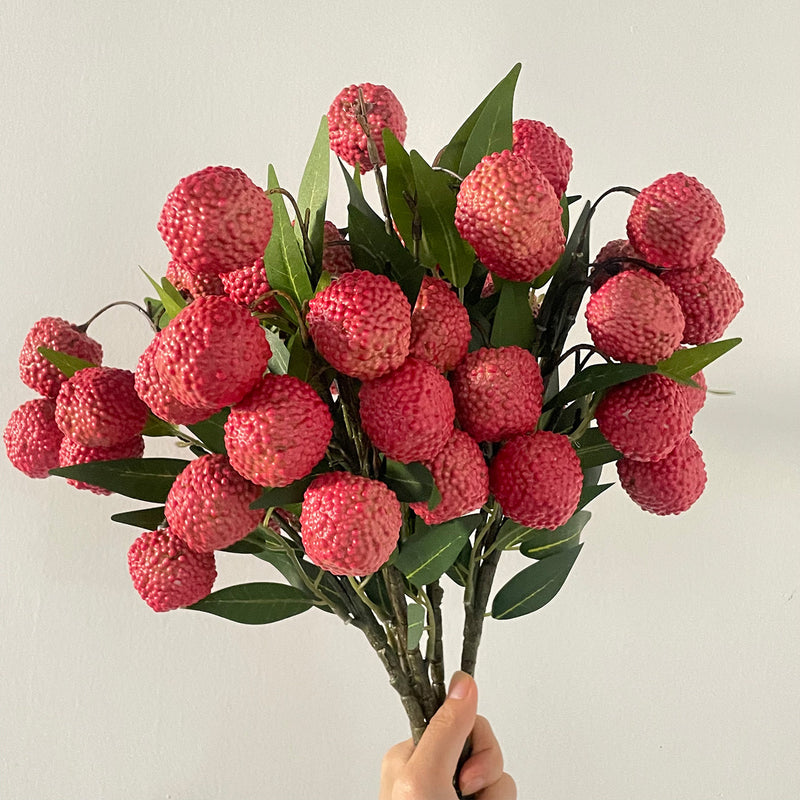 Artificial Litchi Fruit Branches, Foam Lychee Bush with 9 Blooms (1.5"), 18" Tall, Realistic Decorative Stems for Home Decor, Wedding Centerpieces & Commercial Displays