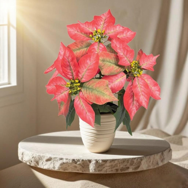 Artificial Poinsettia Bush with 5 Blooms, 12" Tall, Plastic, Indoor/Outdoor Holiday Decor