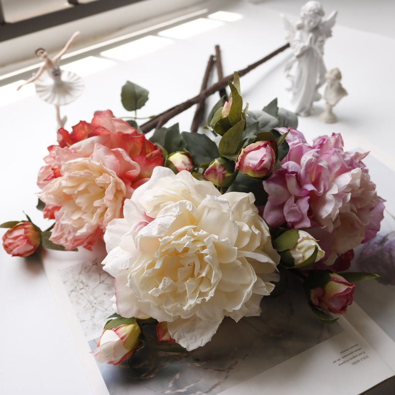 Luxury Peony Bush Artificial Flowers, Real Touch Silk Peonies, 24" Tall with 4 Blooms, Wedding & Home Decor, Bulk Discount Available