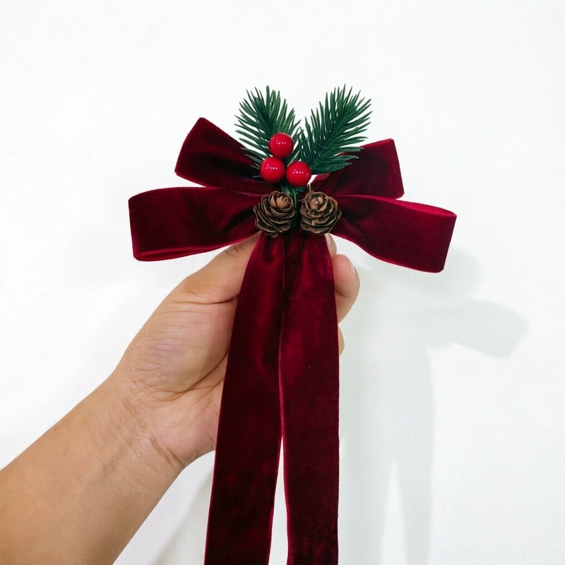 Velvet Christmas Bow Ornaments, Holiday Decorations with Bells (7" Length) - Tree, Door, Gift & Party Decor