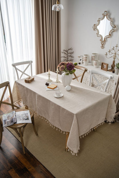 Bulk Linen Tablecloth Rectangle Tassel Table Cloth for Kitchen Dining Room Table Cover Wholesale