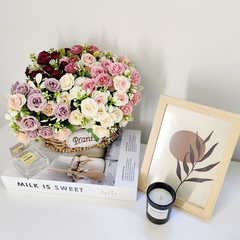 15-Bloom Faux Silk Rose Bouquet, 12" Tall, Perfect for Weddings, Home Decor, and Events