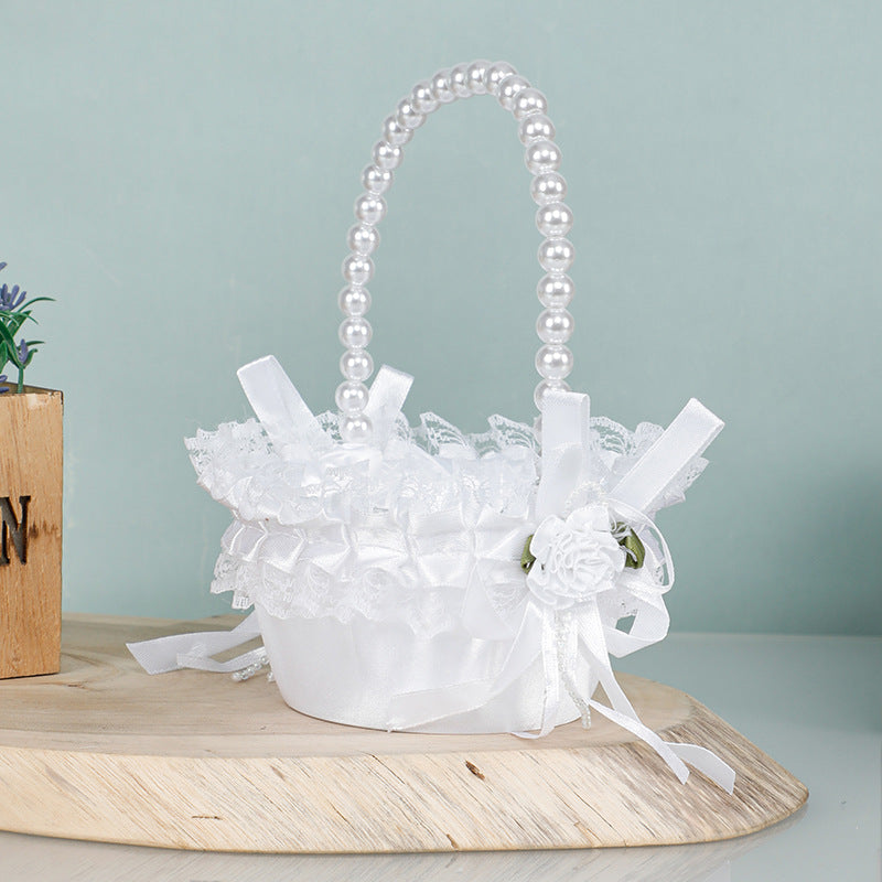 2-Pack Wedding Flower Girl & Bridesmaid Baskets - Lace, Rhinestone & Pearl Embellished White Designs