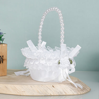 2-Pack Wedding Flower Girl & Bridesmaid Baskets - Lace, Rhinestone & Pearl Embellished White Designs