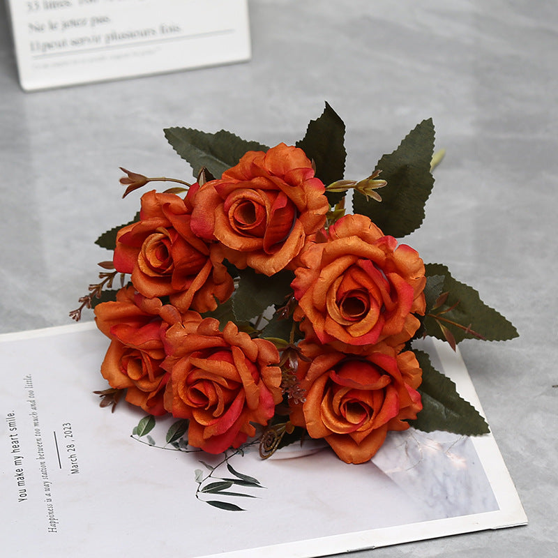 Autumn-Toned Rose Bush, 12" Faux Silk Floral Arrangement with 6 Blooms, Rustic Decor for Weddings & Home