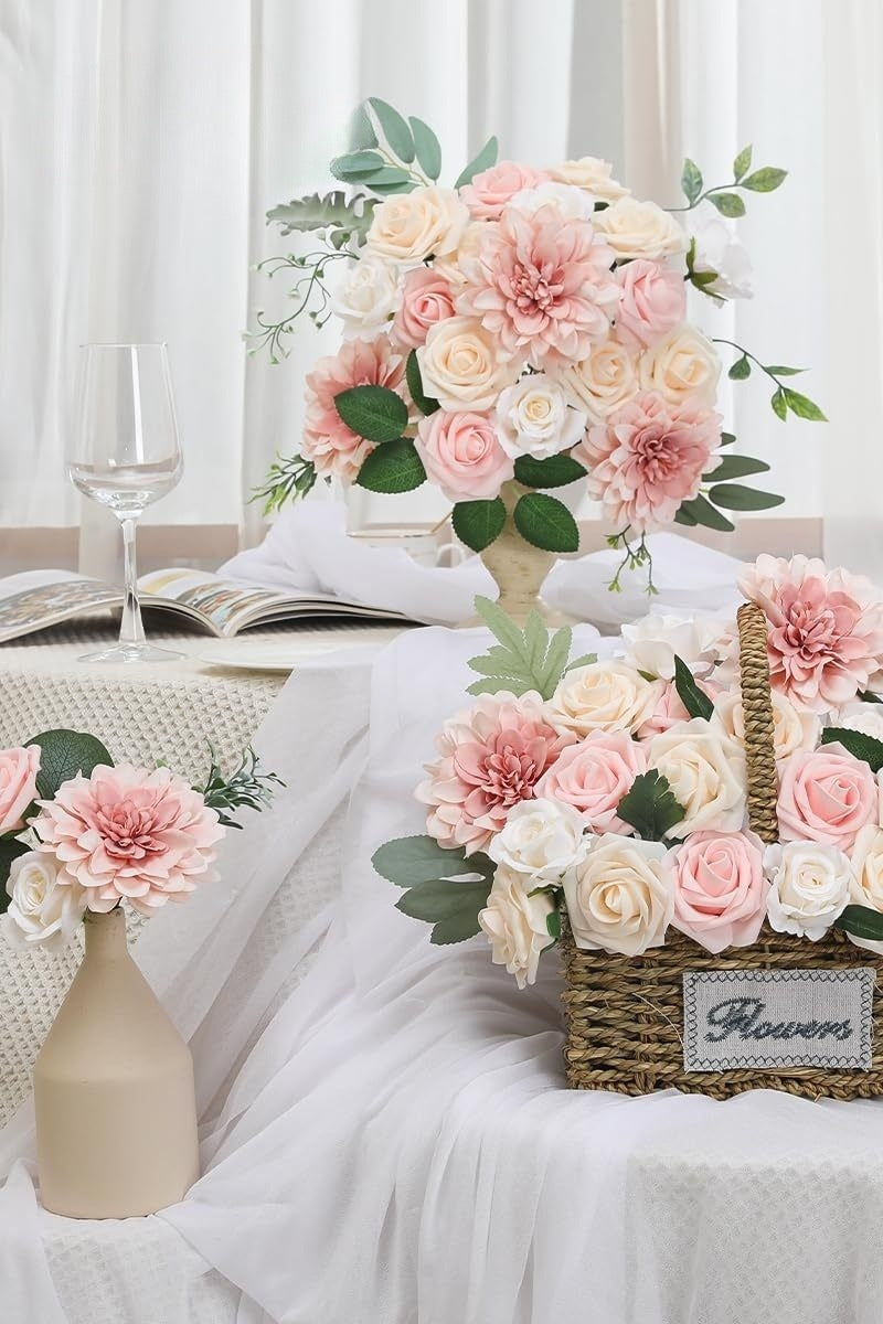 Wedding Backdrop Floral Arrangement Kit Silk Rose Dahlia Combo Adjustable Stems UV Fade Resistant Event Decor