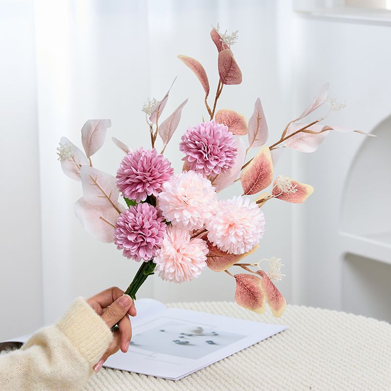 18" Realistic Artificial Flower Arrangement, 6-Piece Chrysanthemum & Eucalyptus Bundle for Home Decor, Wedding, Events (No Vase Included)