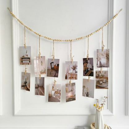 Photo Display Garland with Natural Wood Beads Jute Rope & Clips for Home Decor