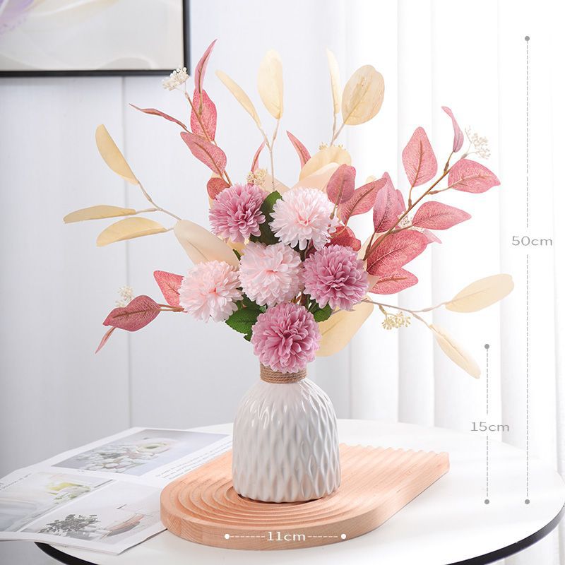 18" Realistic Artificial Flower Arrangement, 6-Piece Chrysanthemum & Eucalyptus Bundle for Home Decor, Wedding, Events (No Vase Included)