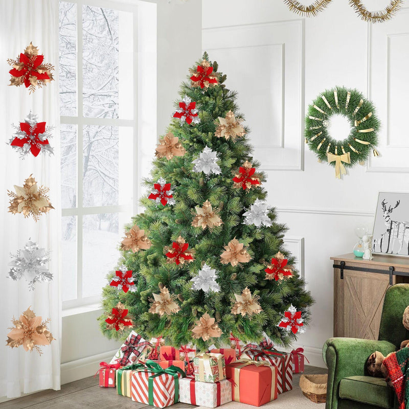 Gold Glitter Artificial Flower Head, 4.5" Diameter, DIY Christmas Tree Ornament & Holiday Decor, Faux Silk Poinsettia
