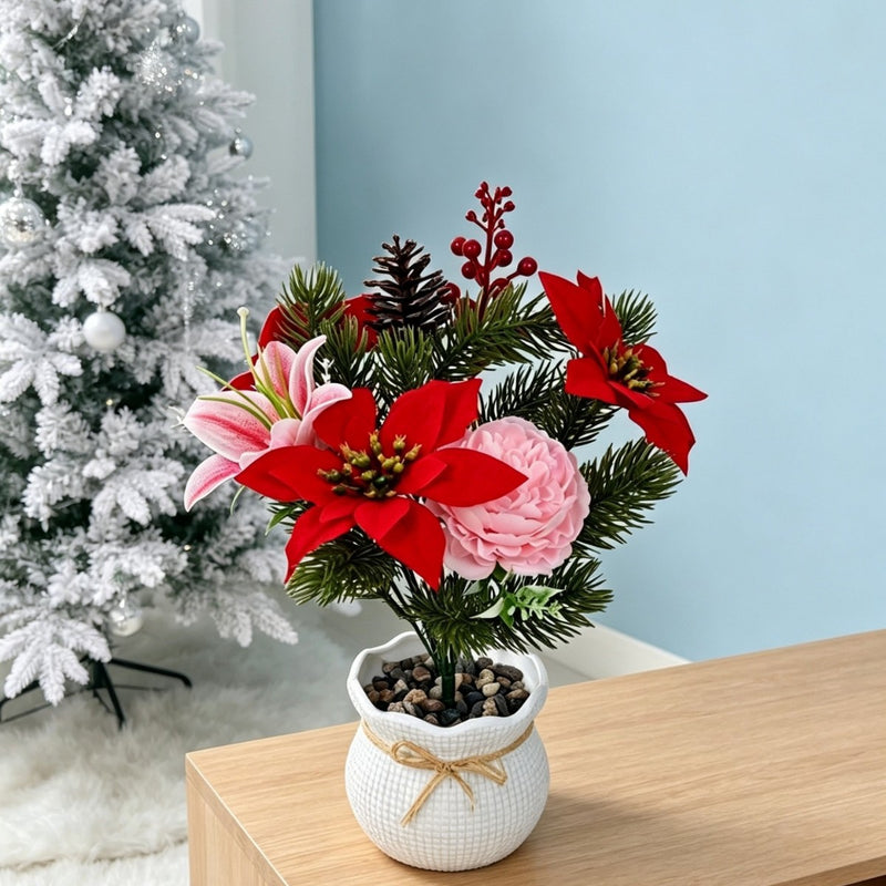 Artificial Poinsettia Bush, 12-Inch Christmas Holiday Decor, Faux Silk & PVC