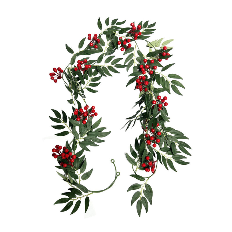 Artificial Willow Leaf Vine with Red Berries, Set of 2 Garlands, Christmas Door Hanging Decor, Home & Display