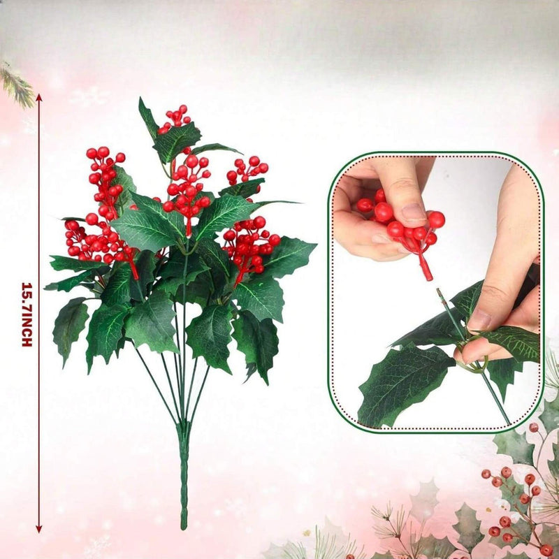 Artificial Christmas Holly Berry Stem, Silk Fabric, 16" Long, Holiday Decor, Home or Event Styling