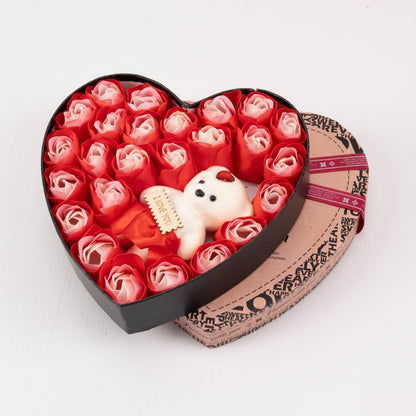 Heart Shaped Soap Rose Gift Box - 24 Soap Roses + Teddy Bear | Birthday & Valentine's Day Gift