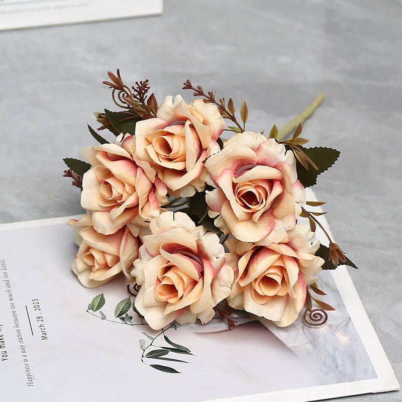 Autumn-Toned Rose Bush, 12" Faux Silk Floral Arrangement with 6 Blooms, Rustic Decor for Weddings & Home