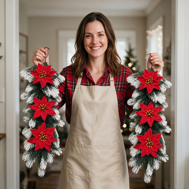 Artificial Pine Needle Christmas Door Hanging with Poinsettias, Trailing Wall Swag, Red Berries, for Holiday Home Decor