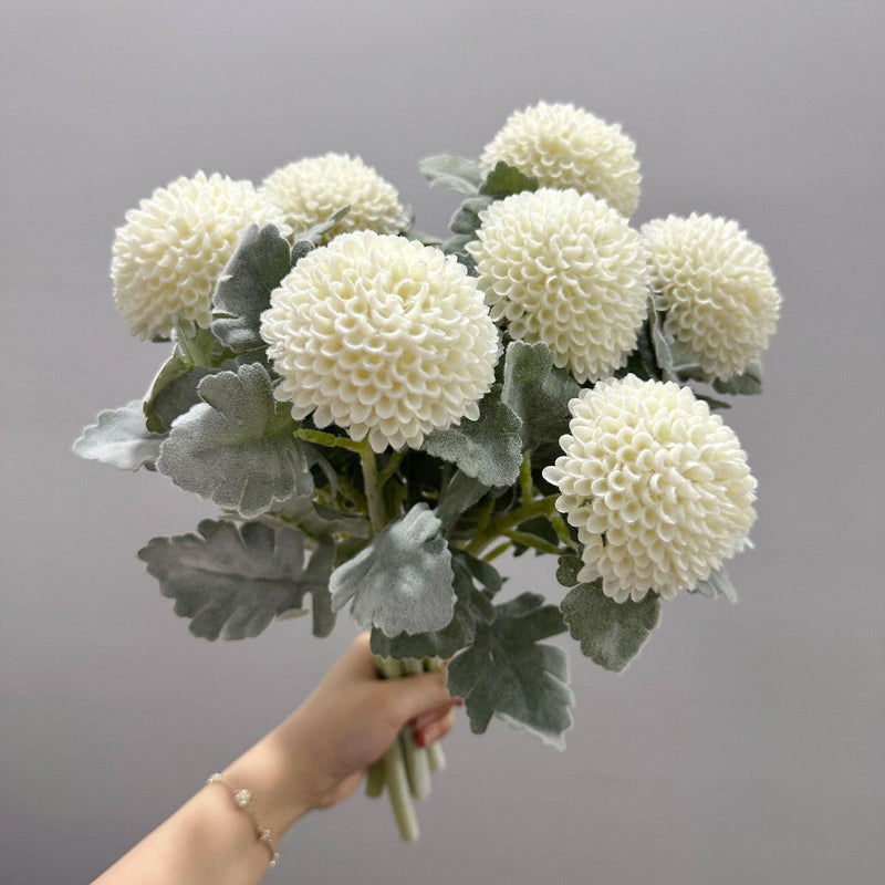 Single Stem Artificial Ping Pong Chrysanthemum Flower, Faux Floral Decor for Weddings, Home, Office, 14.5 Inches