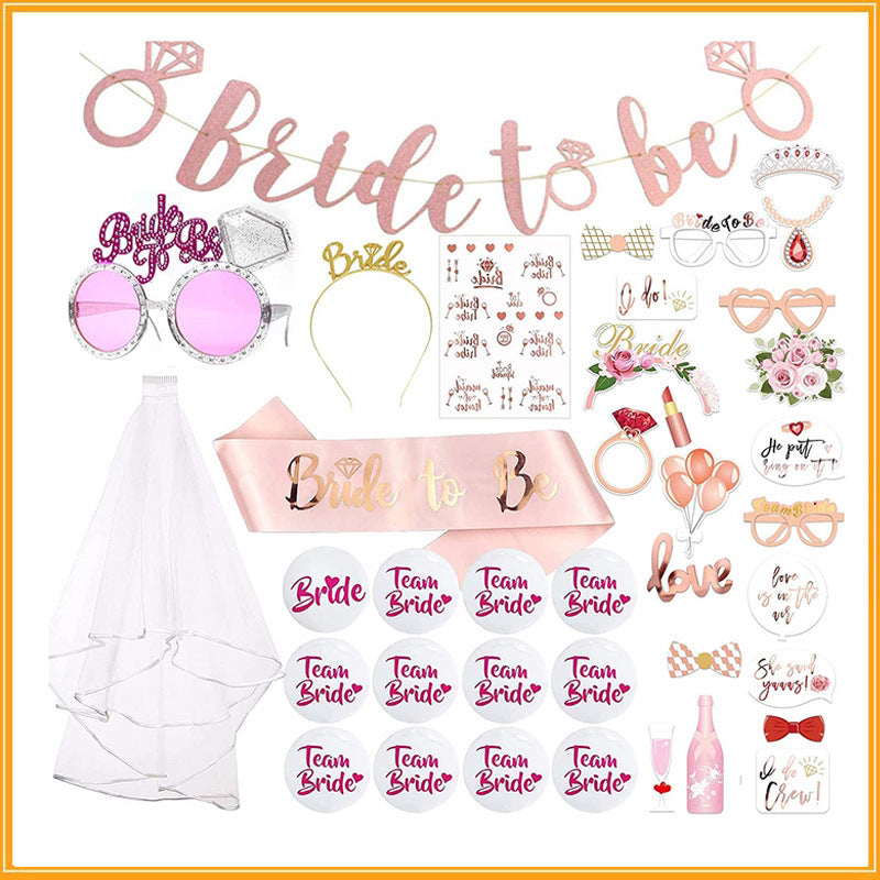 Bride to Be Veil Set - 41PCS Bachelorette Party Decorations with Gold Glitter Sash Tiara Temporary Tattoos & Photo Props
