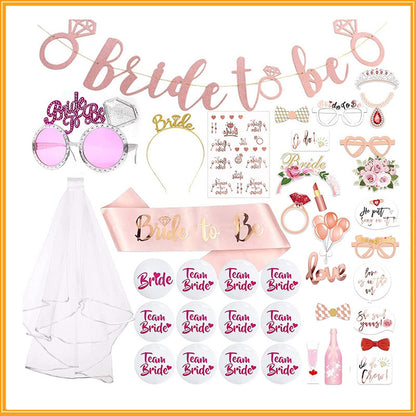 Bride to Be Veil Set - 41PCS Bachelorette Party Decorations with Gold Glitter Sash Tiara Temporary Tattoos & Photo Props