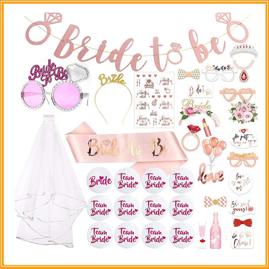 Bride to Be Veil Set - 41PCS Bachelorette Party Decorations with Gold Glitter Sash Tiara Temporary Tattoos & Photo Props