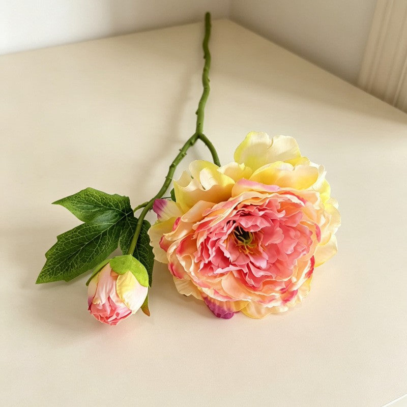 Peony & Ranunculus Silk Bush with 2 Blooms, 20" Tall, for Weddings & Home Decor