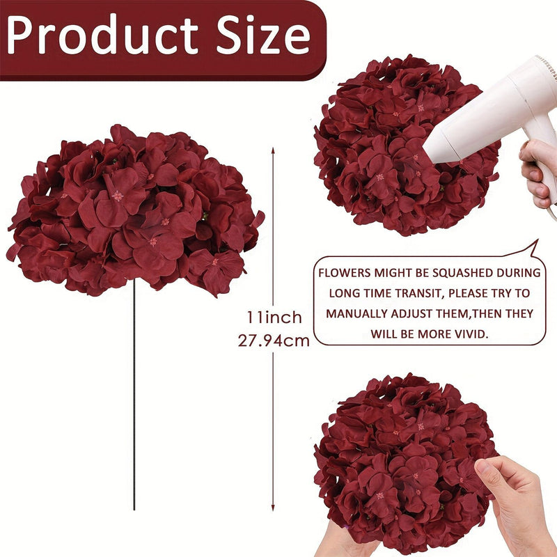 Burgundy Hydrangea Loose Flower Heads, Set of 10, Silk-Like Fabric, 11 Inches, for Wedding Decor, Home Arrangements, and Events