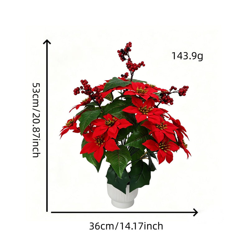 21" Velvet Poinsettia Bush, Christmas Floral Decor for Home, Office & Events, Realistic PVC Holiday Stems