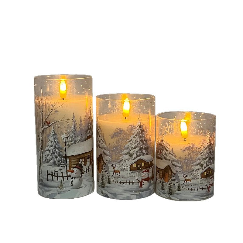 Christmas LED Flameless Candles - 3-Piece Snow Scene Glass Decals Winter Holiday Ambience Decor (3"-6")