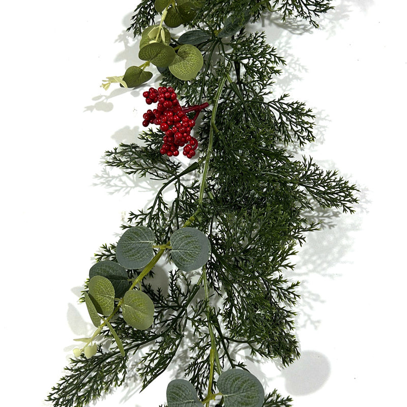 Artificial Christmas Garland Vine with Red Berries & Pine Needles, Plastic Hanging Greenery, Indoor Holiday Decor