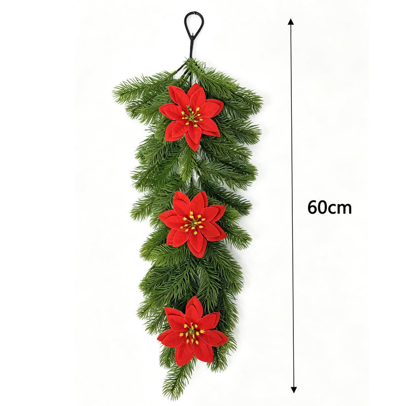 Artificial Pine Needle Christmas Door Hanging with Poinsettias, Trailing Wall Swag, Red Berries, for Holiday Home Decor