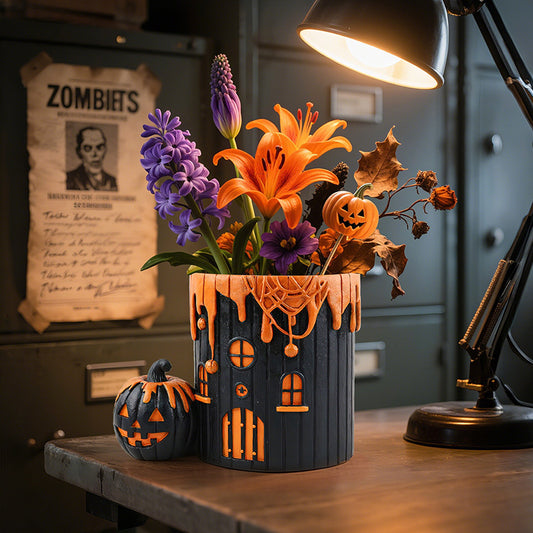 Halloween Pumpkin House Resin Planter - Spooky Cute Decor for Home Desk & Garden