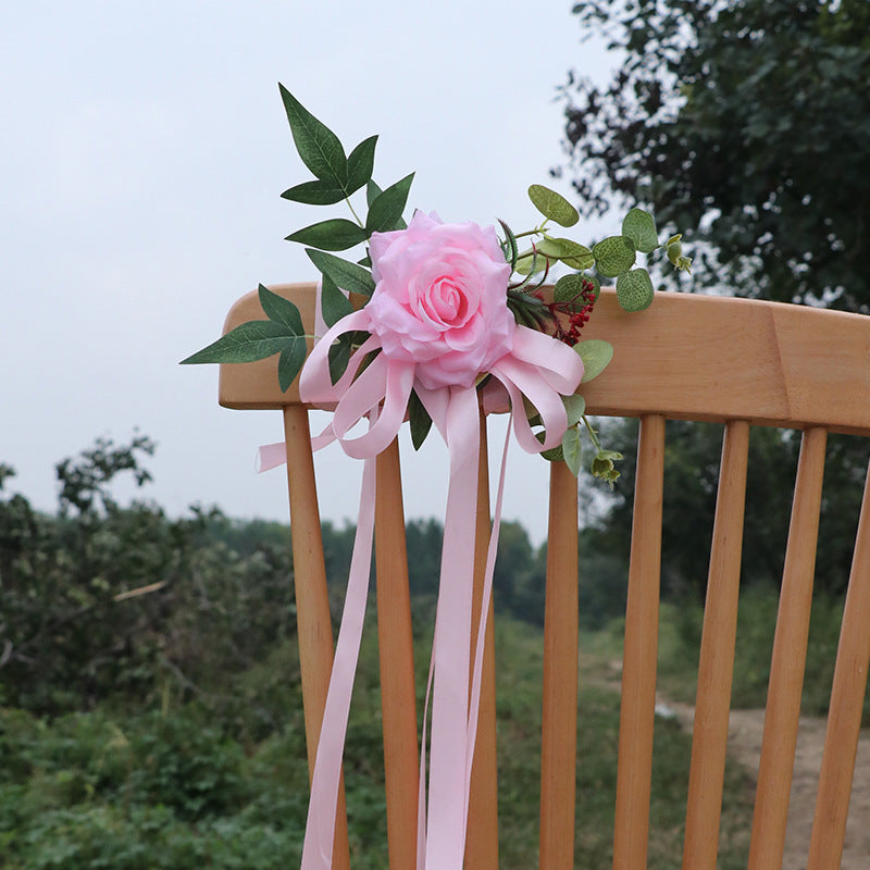 6PCS Wedding Chair Back Flowers Nordic Rustic Artificial Floral Decor with Ribbon for Outdoor Wedding & Photography Props