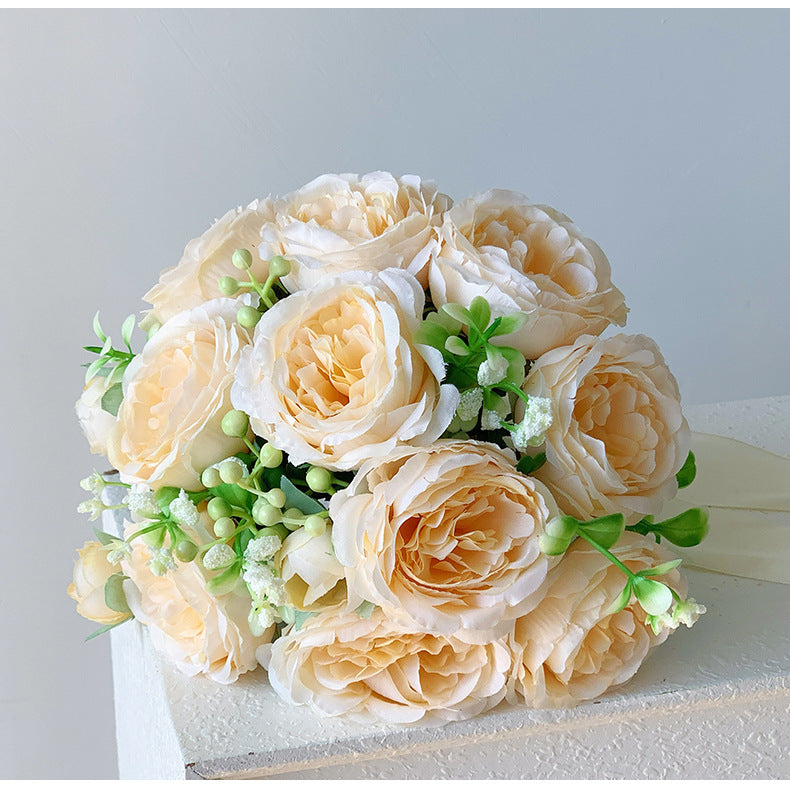 Wedding Bouquet with 18 Silk-Like Roses, 12" Height, Faux Silk Bridal Hand-Tied Bouquet
