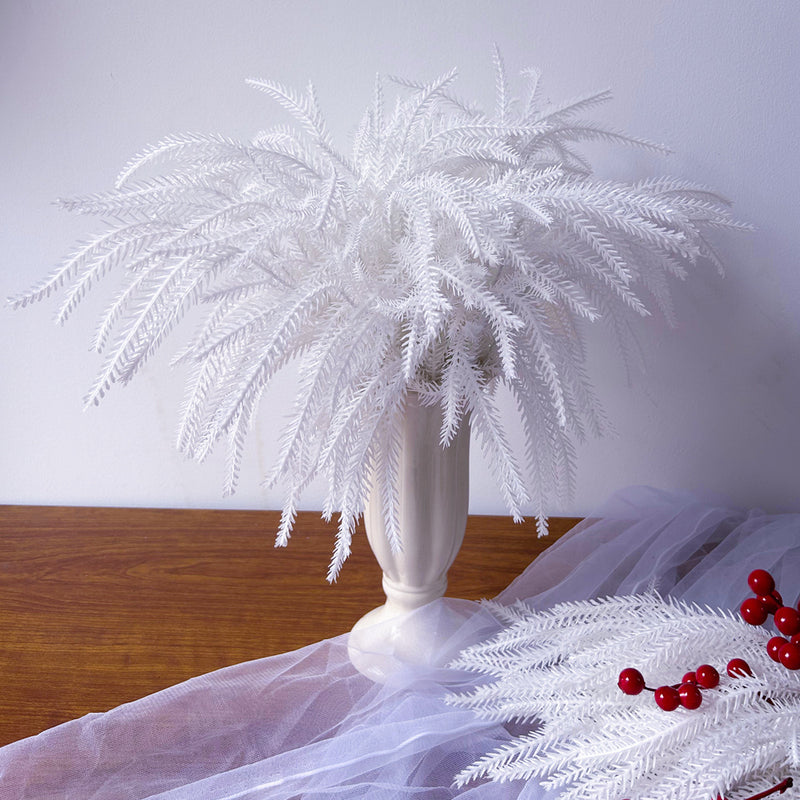 Artificial Norfolk Pine Bush, White Plastic Pine Sprigs, Bendable Stems for Halloween, Holiday & Window Display Decor