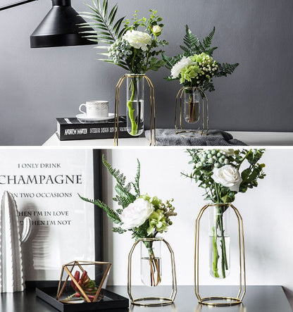 Bulk 1pc Gold Glass Vase With Metal Frame Geometric Hydroponics Vase for Centerpieces Wedding Office Living Room Decor Wholesale