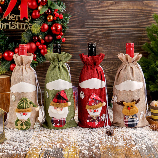 Christmas Santa Burlap Wine Bottle Bag - 12” x 5.7” Festive Decor for Holiday Tables