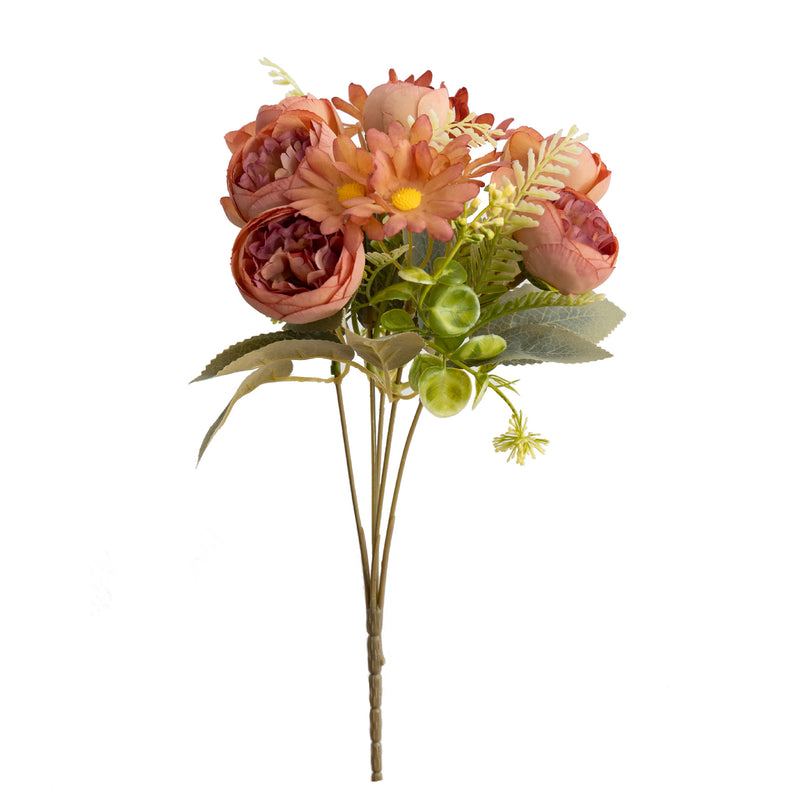 Retro Faux Silk Peony and Daisy Bouquet, 14-Bloom Floral Arrangement, 12" Tall, for Home and Event Decor