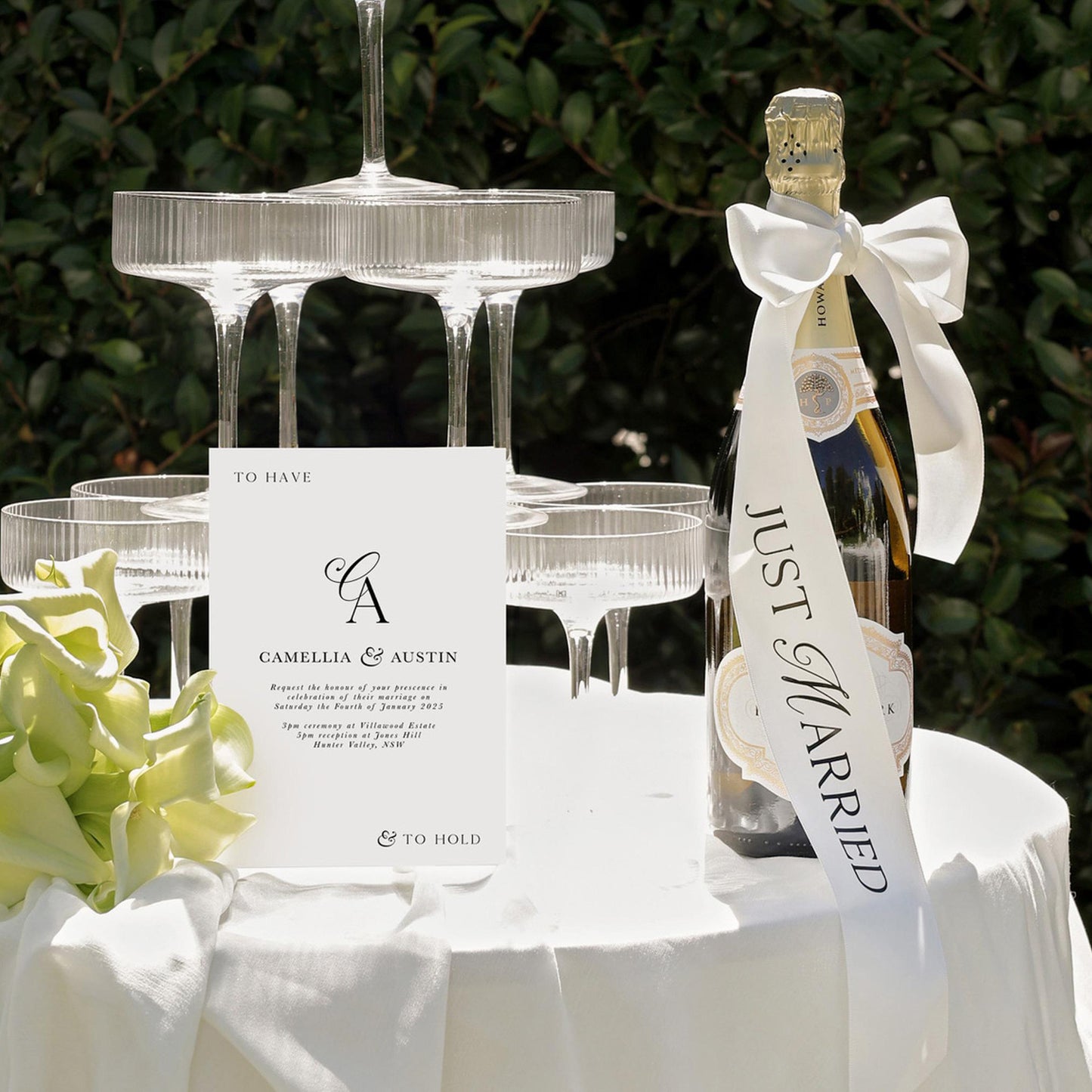 Just Married Wedding Ribbon - 0.8"x24" Champagne Bottle Decor Streamer