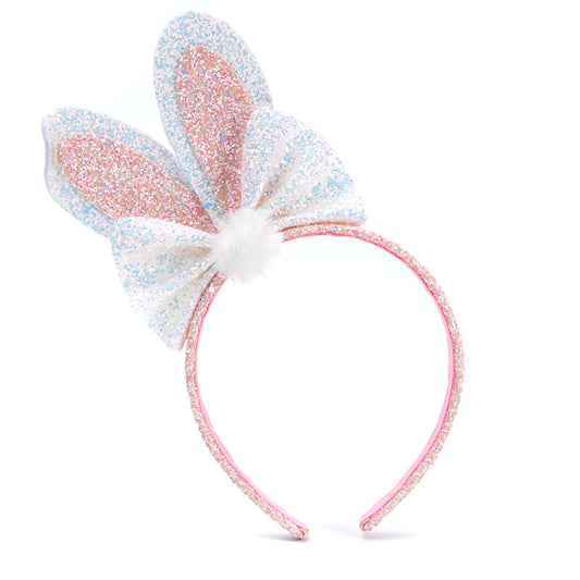 Kids Easter Bunny Ears Headband - Cartoon Bow Glitter Pom-pom Hair Hoop