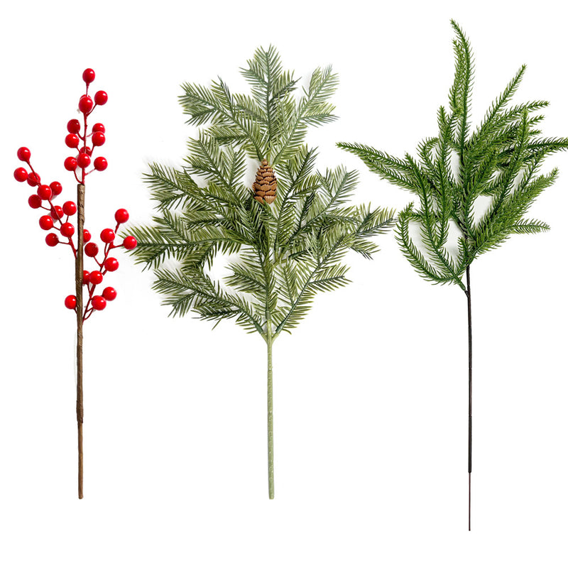 Artificial Red Berry & Pine Needle Christmas Stem, Plastic Faux Holly Pick for Wreaths, Floral Arrangements & Holiday Decor