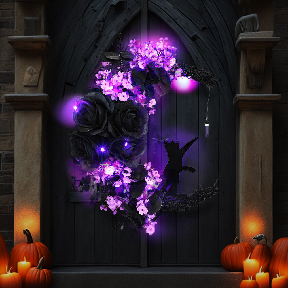 14 Inch Moon Cat Halloween Glowing Artificial Flower Rattan Wreath for Front Door, Bulk Wholesale